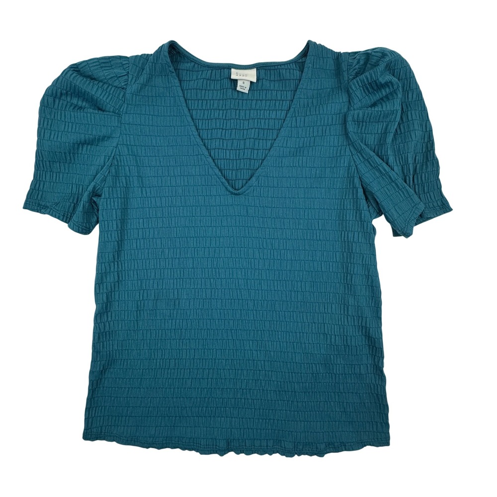 A New Day Women's Teal Blue Smocked Puff Sleeve V-Neck Top Sz Small Short Sleeve